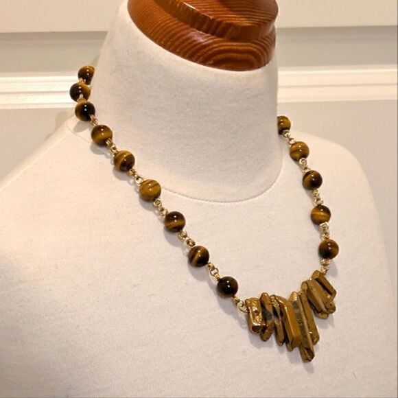 Handmade Genuine Tiger's Eye and Gold Painted Quartz Point Goldtone Necklace - Picture 1 of 6